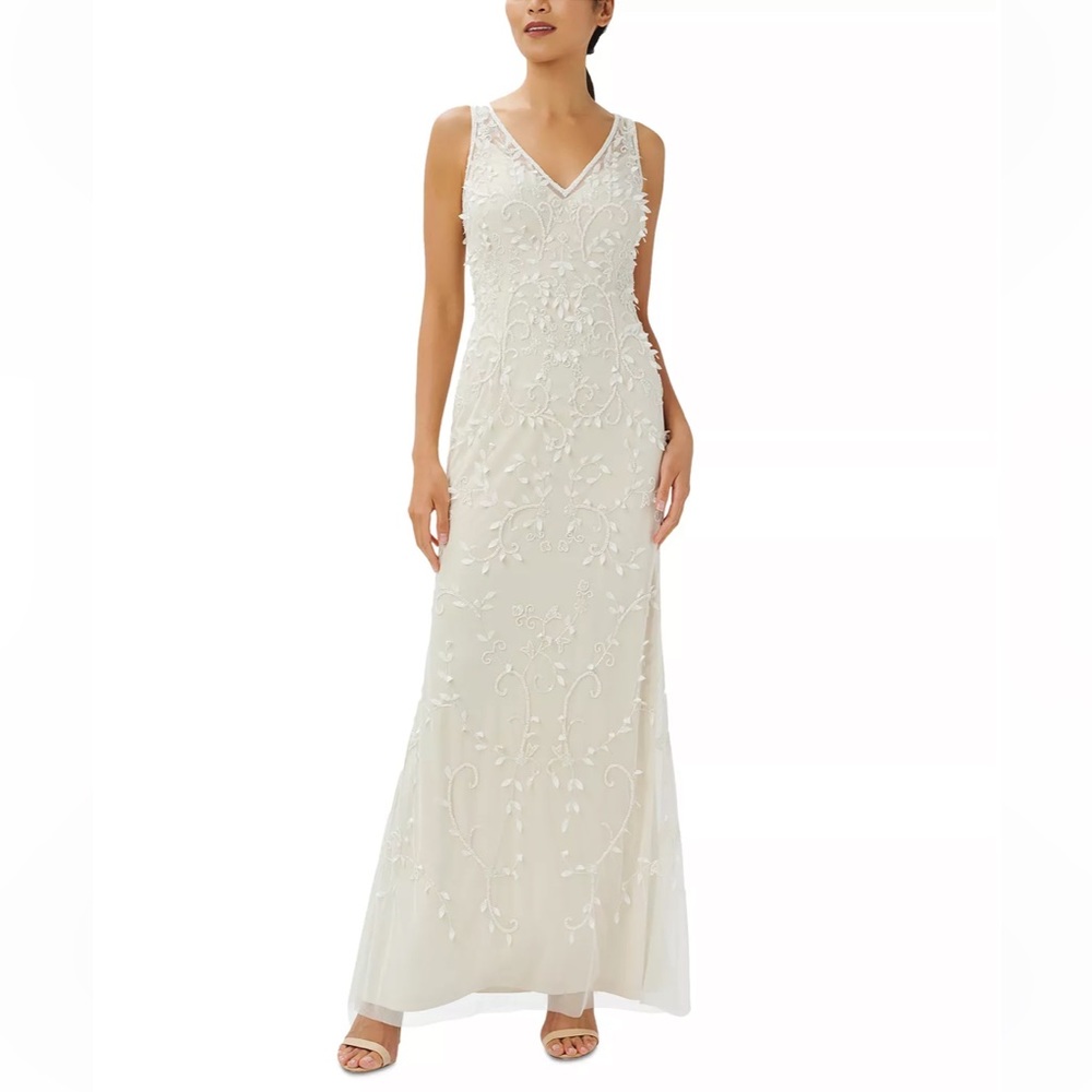 NWT Adrianna Papell Sequin Embellished Sleeveless Gown in Ivory Pearl, sz 12